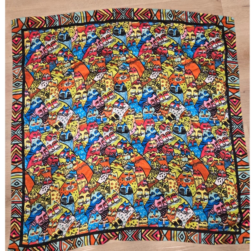 Colorful Maximalist Cat Print Satin Square Scarf Multi Geometric Border 35x35
